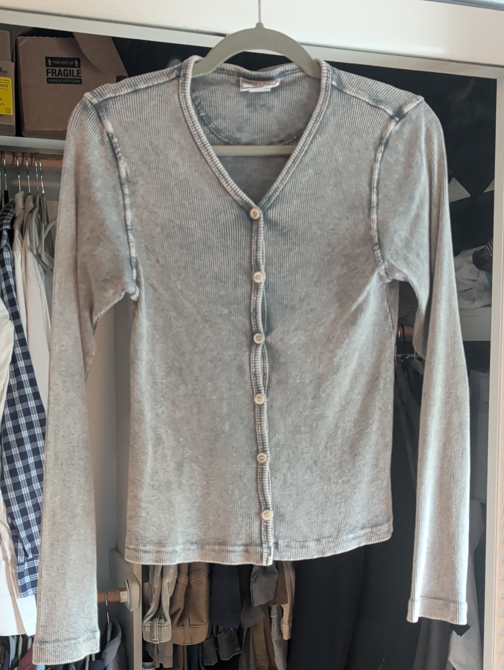 Hard Tail Light Gray Ribbed Button-Front Cardigan